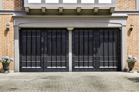 Traditional two car wooden garageの写真素材