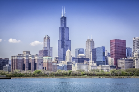 Downtown of Chicago against blue skyの写真素材