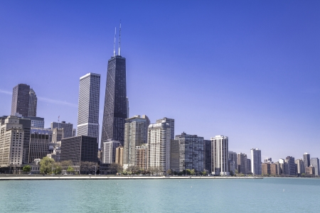 Downtown of Chicago against blue skyの写真素材