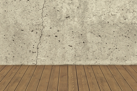 Concrete crack wall and brown hardwood floorの写真素材
