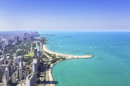 Downtown of Chicago aerial view against blue skyの写真素材