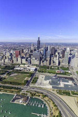 Chicago skyline panorama aerial view with skyscrapers and city skyline at Michigan lakefrontの写真素材