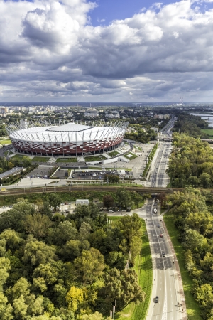 WARSAW, POLAND - SEPTEMBER 29,2013  Warsaw National Stadium on September 29, 2013  The stadium was constructed in 2011 to meet euro 2012 football championshipのeditorial素材