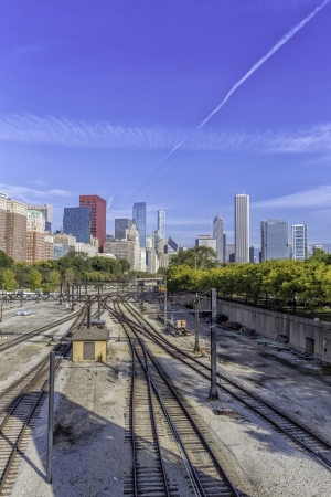 Chicago downtown with railway tracks in sunny dayの写真素材