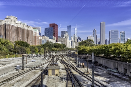 Chicago downtown with railway tracks in sunny dayの写真素材