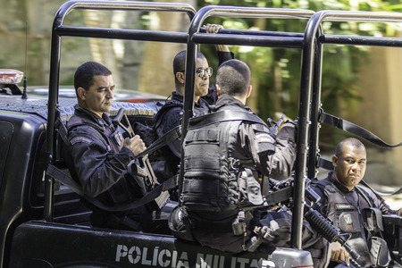 Military police patrol the streets of Rio de Janeiro, Brazil