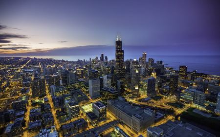 Chicago skyline aerial view at duskの写真素材