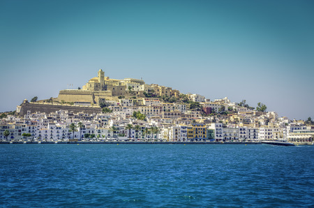Ibiza Eivissa old town with blue Mediterranean sea city view, Spainのeditorial素材