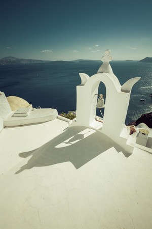 Traditional church in Oia, Santorini, Greece-vintage lookの写真素材