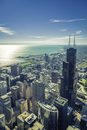 Sunrise over Chicago financial district- aerial viewの写真素材