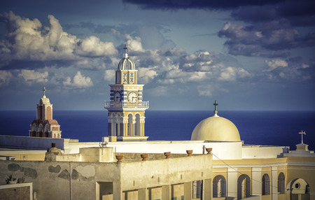 Traditional church in Fira on Santorini Island, Greeceの写真素材