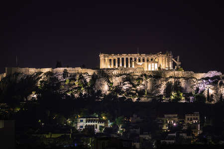 Parthenon Acropolis Hill in Athens, Greece by nightの写真素材