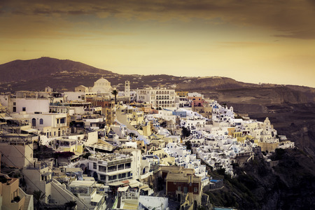 Beautiful sunset over town of Fira, Santorini Island - Greeceの写真素材
