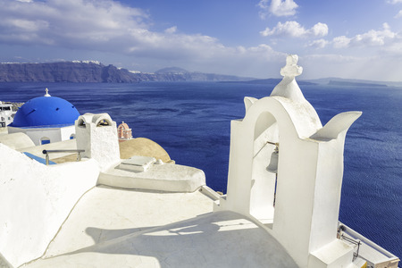White roofs with chimney in Santorini Island, Greeceの写真素材