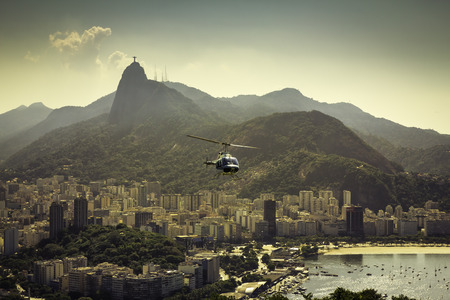 Helicopter flying above Rio de Janeiro Brazilの写真素材