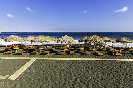 Kamari Beach, Black Beach, on Santorini Island, Greeceの写真素材