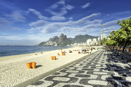Morning on Ipanema Beach with mosaic walkway in Rio de Janeiro,Brazilの写真素材
