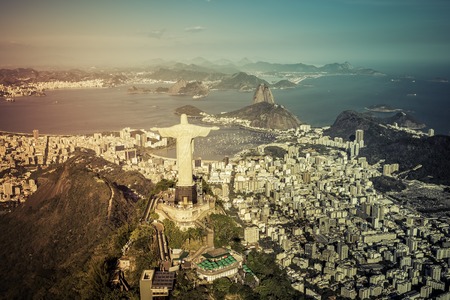 Rio de Janeiro, Brazil : Aerial view of Christ and Botafogo Bay from high angle with light leakの写真素材