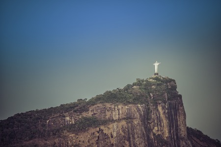 Illuminated Christ the Redeemer at dusk, Rio de Janeiro, Brazilのeditorial素材