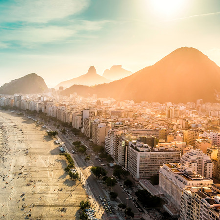 Aerial view of Copacabana Beach in Rio de Janeiro with light leak, Brazilの写真素材