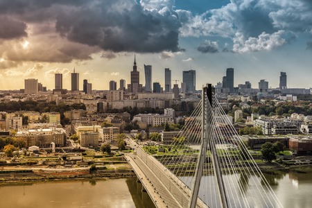 Warsaw skyline behind the bridge with light leak, Polandの写真素材