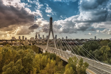 Warsaw skyline behind the bridge with light leak, Polandの写真素材