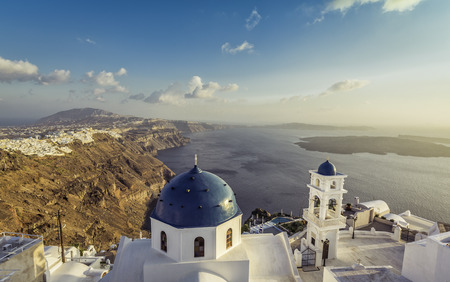High angle view of Santorini blue dome churches, Greeceのeditorial素材