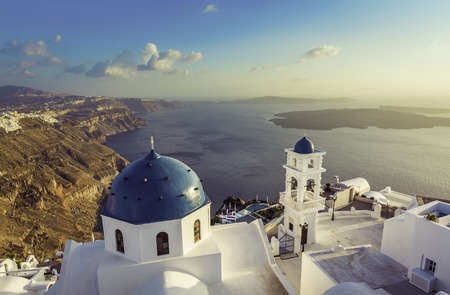 High angle view of Santorini blue dome churches, Greeceのeditorial素材