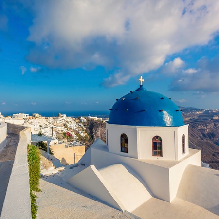 Santorini blue dome church view, Greeceのeditorial素材