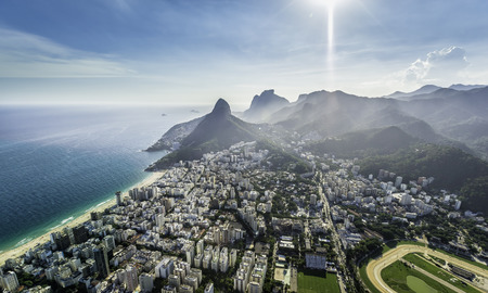 Aerial view of Ipanema Beach with high mountains in Rio de JaneiroBrazil. Light leaksのeditorial素材