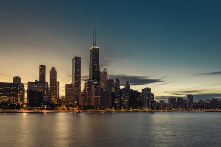 Chicago Downtown against dusk sky with light leaksの写真素材