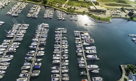 Aerial view of Marina full of Boats in the morning lightの写真素材