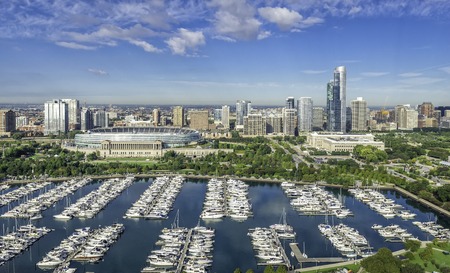 Chicago Skyline aerial view with park and marina full of boatsの写真素材