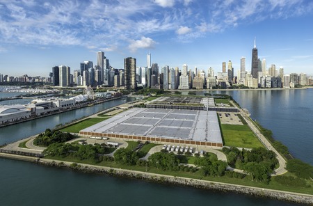 Chicago Skyline aerial view with pier and parkの写真素材