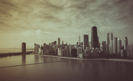 Chicago Skyline aerial view with park and the beach - Vintage colorsの写真素材