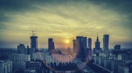 Warsaw Downtown Sunrise aerial view, Poland - Vintage Viewの写真素材