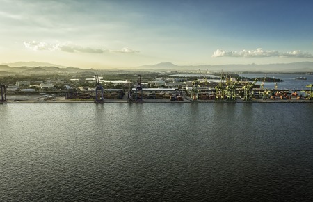 Aerial view of the industrial area with cranes by the ocean, Rio de Janeiro, Brazilの写真素材