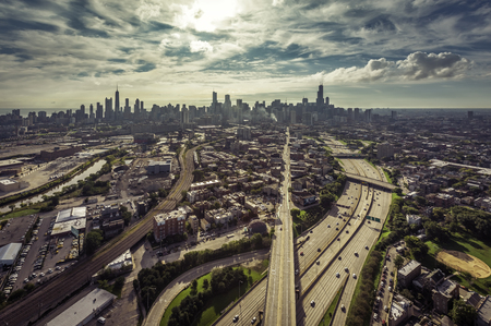 City of Chicago aerial view with streets leading to Downtownの写真素材