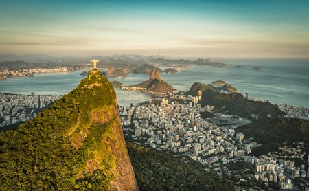 Aerial view of Christ and Botafogo Bay from high angle.のeditorial素材