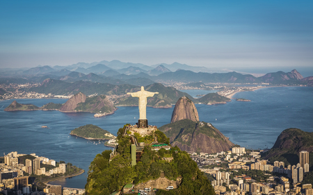Aerial view of Christ and Botafogo Bay from high angle.のeditorial素材
