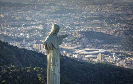 Aerial view of Christ The Redeemer Statue looking at Maracana Stadium.のeditorial素材