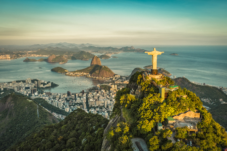 Aerial view of Christ and Botafogo Bay from high angle.