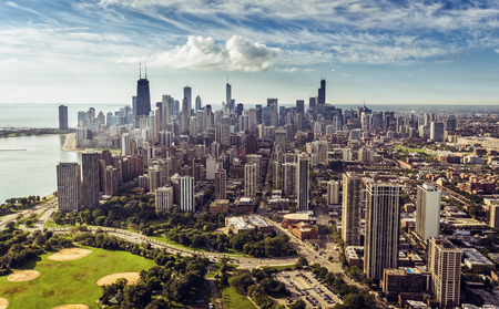 Chicago Downtown Skyline aerial  view , vintage colorsの写真素材