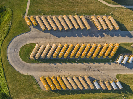 Yellow School Busses aerial top view