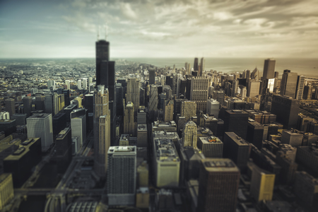 Chicago Downtown- aerial view with desaturated colors. Tilt shift effectの写真素材