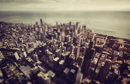 Chicago downtown skyscrapers aerial view. Vintage colors with tilt shift effectの写真素材