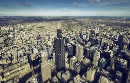 Chicago downtown skyscrapers overhead view. Tilt shift effectの写真素材