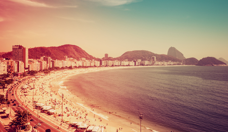 Copacabana Beach and Sugar Loaf Mountain aerial view, Rio de Janeiro, Brazil. Lightleak effect.の写真素材