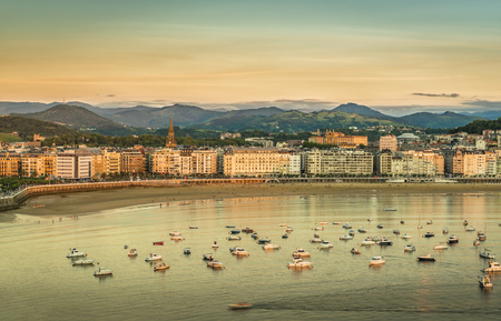 Old Town and Beach of San Sebastian, sunset light, Spainの写真素材