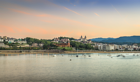 San Sebastian Concha Bay with boats, sunset light, Spainの写真素材